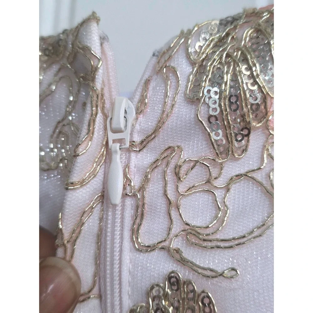 American Princess Girls Pink Gold Sequin Floral Navy Tulle‎ High Low Dress 12